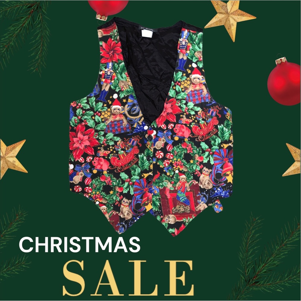 Vintage 111 Main Christmas Vest Medium Festive Holiday Print Waistcoat
